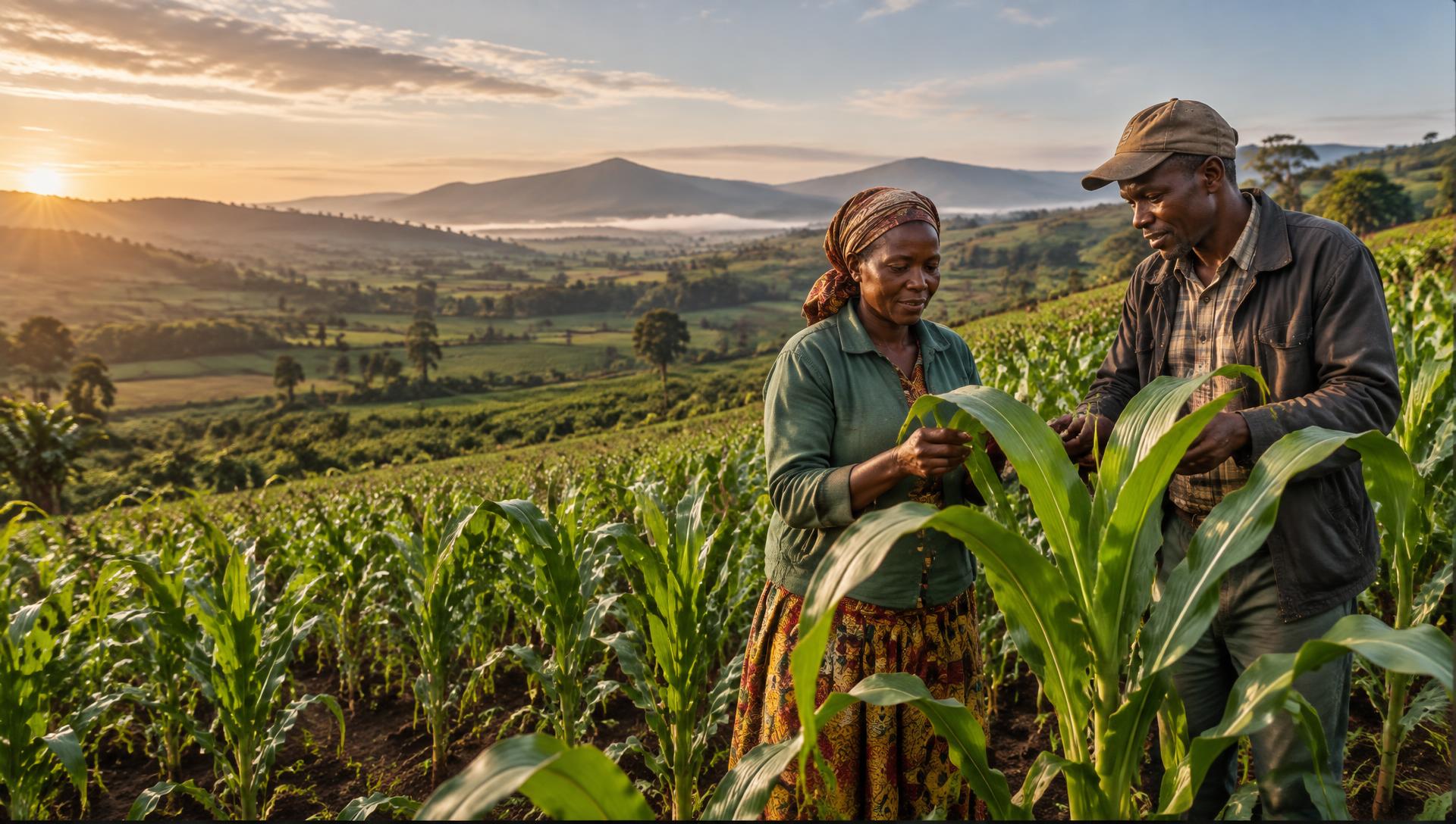 Kenyan farmers inspecting maize in a cultivated highland field
