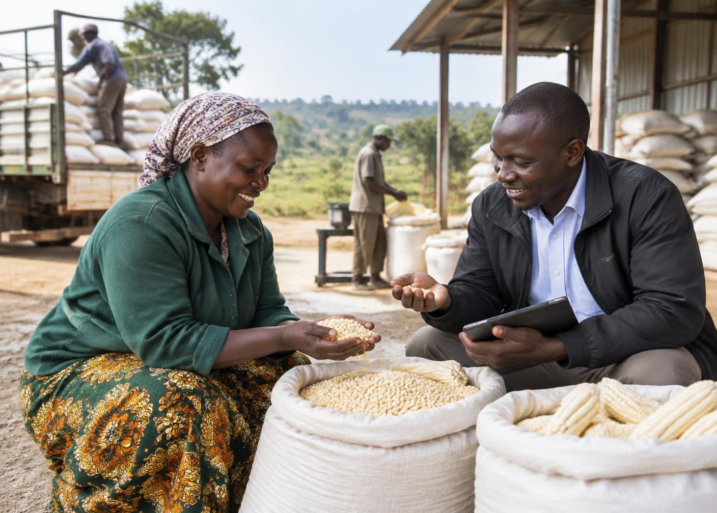 A Kenyan farmer and agricultural buyer inspecting maize at a collection point